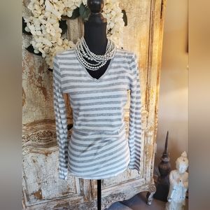 Gray and White Striped Ribbed V- Neck Top